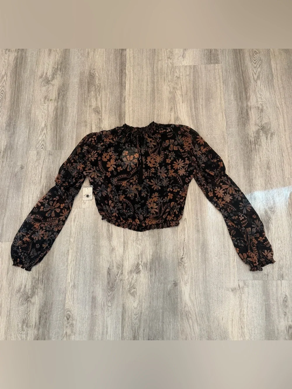 NWT Free People Floral‎ Tie Back Crop Blouse XS Black Brown
